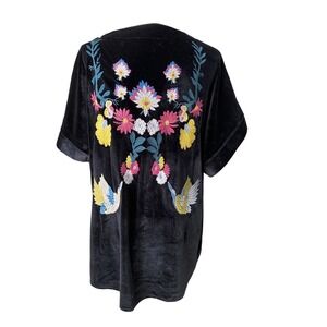 Velvet Embroidered Kimono Cardigan Duster Black Floral Boho Asian Small Medium